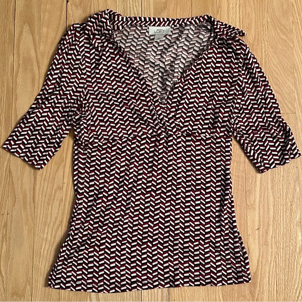 LOFT Women’s Pullover V Neck Knit Top, Elbow-length Sleeves, Black/Red, Size S
